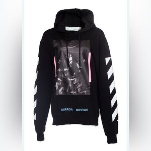 Authentic OFF-WHITE Mirror Mirror Black Graphic Hoodie with White and Pink